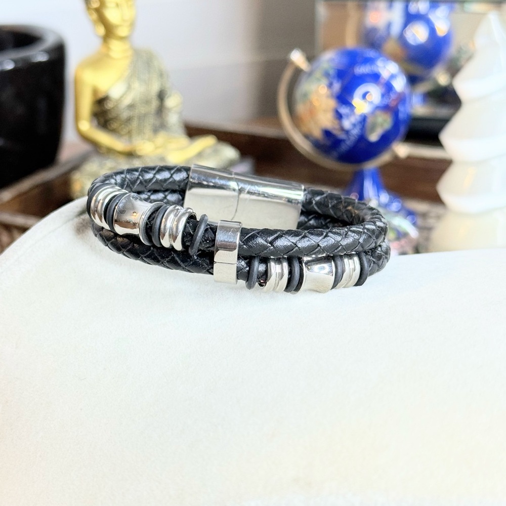 Love My Grandson Black Braided Leather Bracelet Silver Magnetic Clasp 8” Gift
